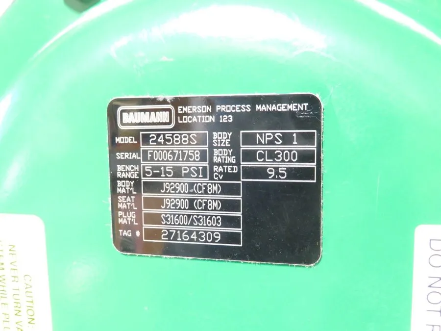 Клапан 1" Fisher Baumann 24588S CL300 Stainless FNPT NC Control Valve CV 9.5