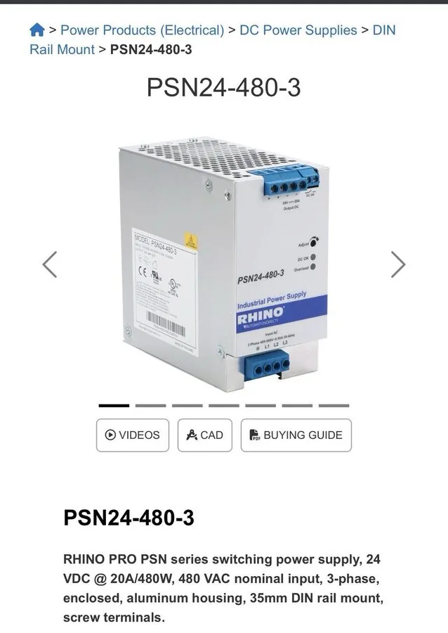Блок питания RHINO PSN PSN24-480-3 DIN Rail Switching Power Supply 24VDC 20A 480