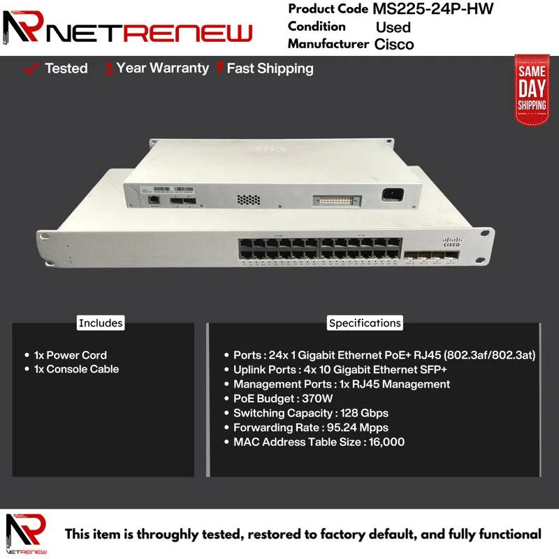 Коммутатор Cisco Meraki MS225-24P-HW 24-Port PoE+ Gigabit Switch 4x 10G SFP+ UNC
