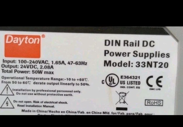 Блок питания DAYTON 33NT20 Power Supply,DIN Rail,50W,24VDC,Plastic — фото лота 1