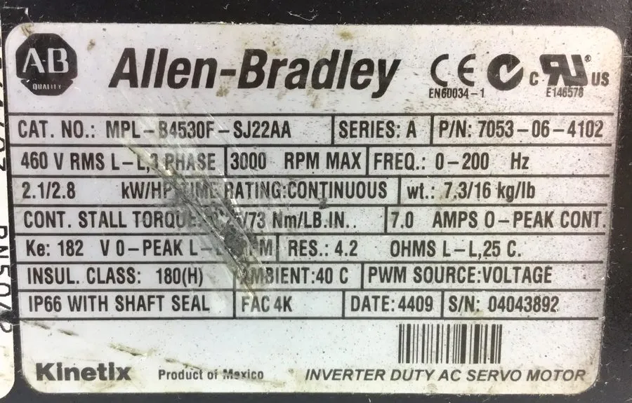 Серводвигатель Allen-Bradley MPL-B4530F-SJ22AA Servo Motor Sealed