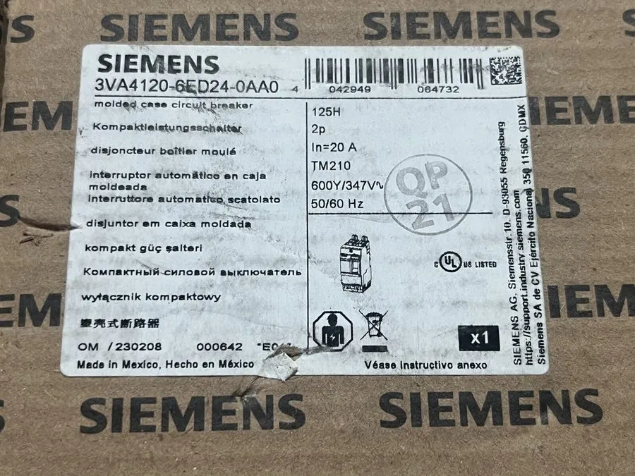 Автоматический выключатель Siemens 3VA4 3VA4120-6ED24-0AA0 2 Pole 20 Amp 600V Ci