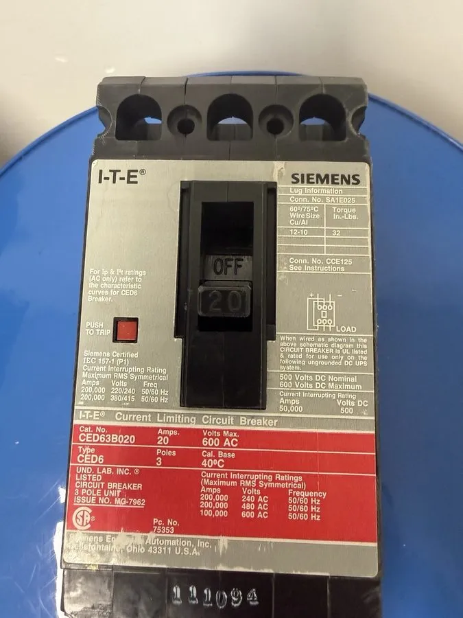 Автоматический выключатель Siemens CED63B020 Sentron Breaker 20A 3‑Pole 600V 100 — фото лота 2