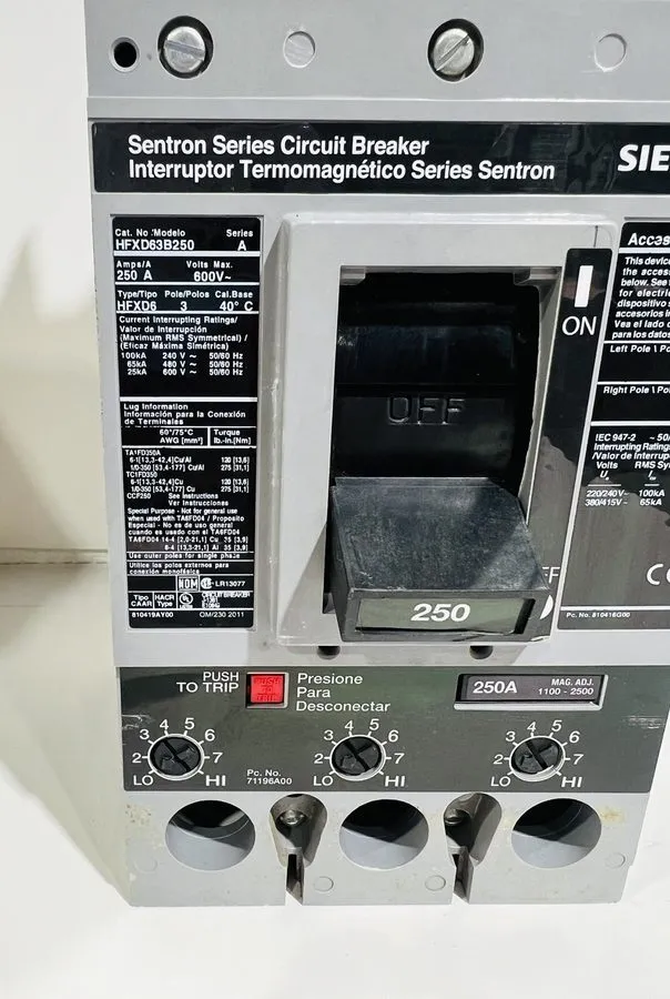 Автоматический выключатель Siemens Sentron HFXD63B250 250 Amp 3 Pole 600 Volt 65