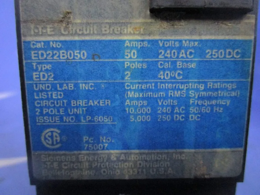 Автоматический выключатель SIEMENS ED22B050 50A 2-POLE 240V SENTRON ED2 MOLDED C