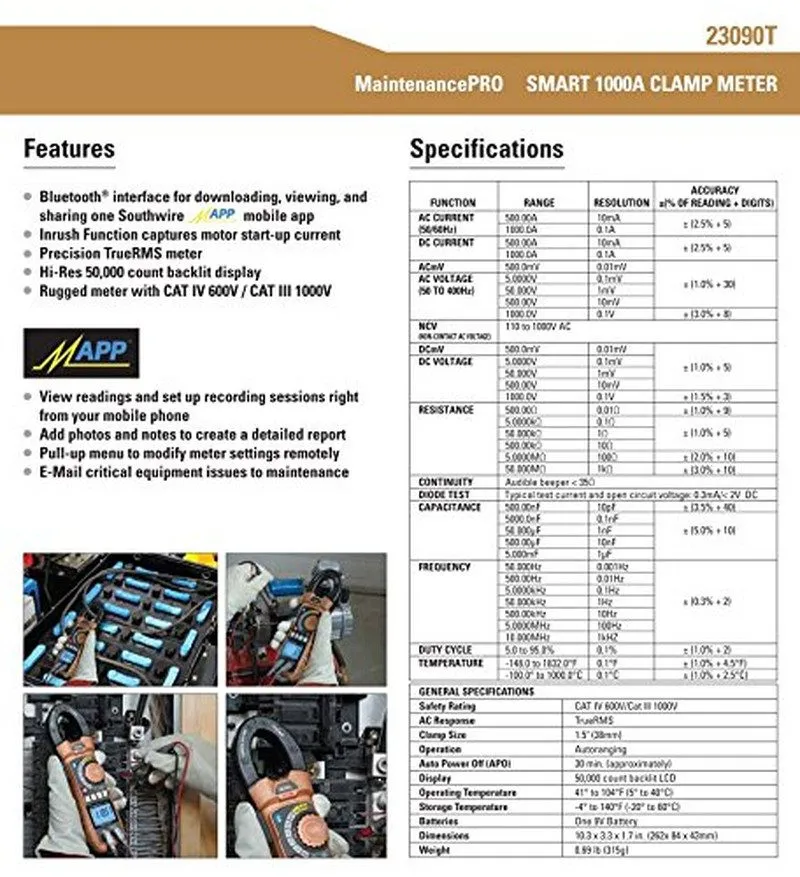Мультиметр 23090T Clamp Meter 1000A AC/DC BT Bluetooth App Integration