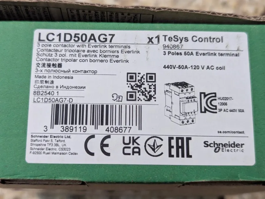 Контактор SCHNEIDER ELECTRIC LC1D50AG7 Contactor, TeSys Deca, 3P, 50A, 120V AC