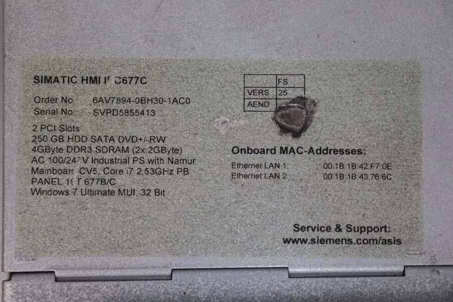 Промышленный компьютер Siemens HMI IPC677C Panel 6AV7894-0BH30-1AC0 A5E02713398 