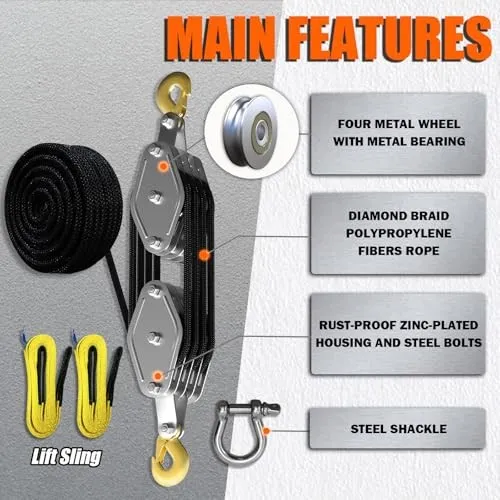 Таль Upgraded Rope Hoist Pulley System, UPGRADED-4wheels+2lift sling&1shackle bl — фото лота 2