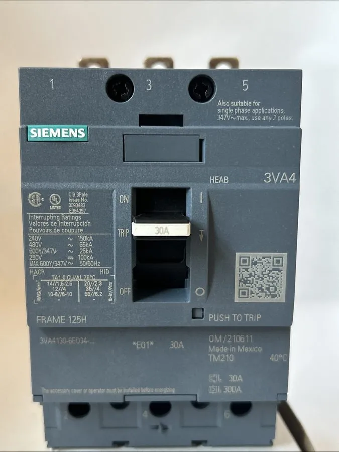 Автоматический выключатель 1 Siemens 3VA4130-6ED34-0AA0 480V 3-Pole Circuit Brea — фото лота 2