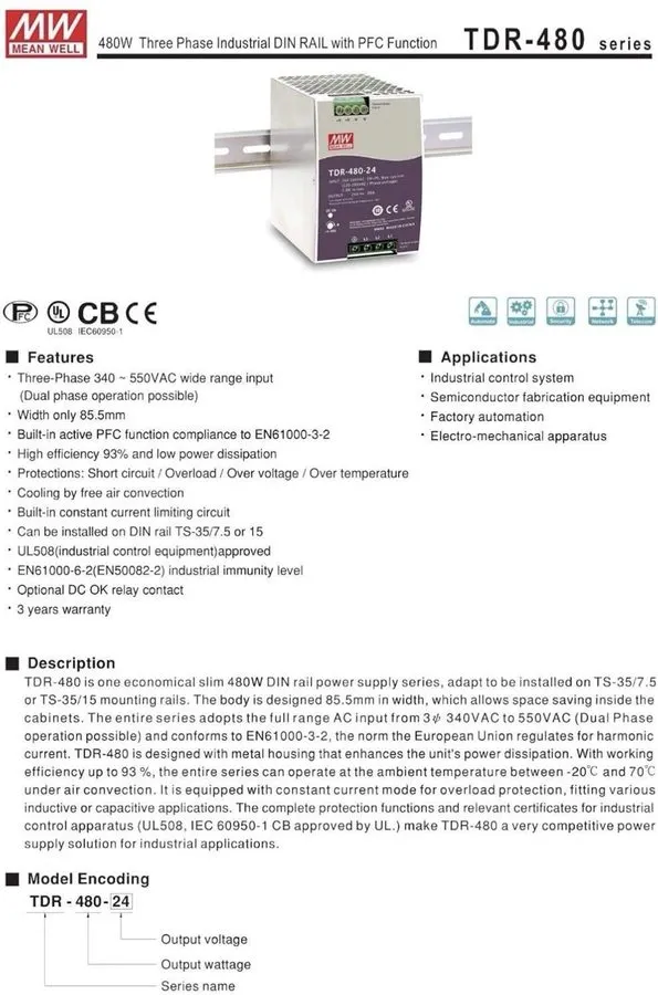 Блок питания MEAN WELL TDR-480-48 Power Supply, AC-DC, DIN Rail, Three Phase — фото лота 1