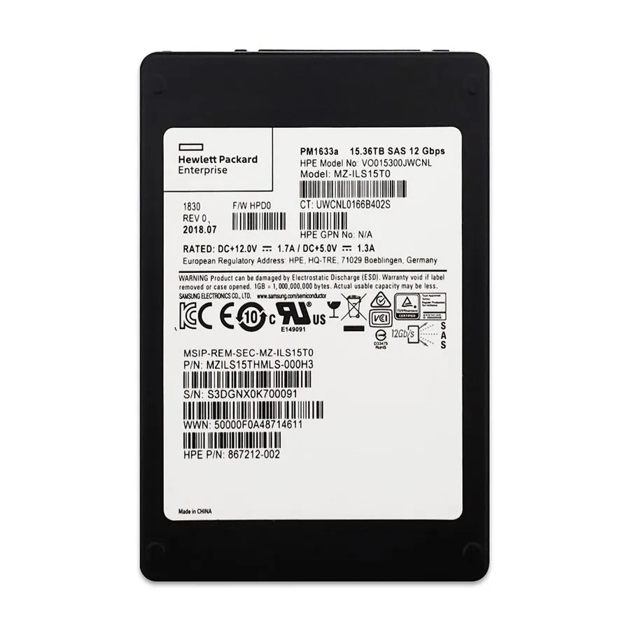 15.36TB HPE 867212-002 Samsung PM1633a 1DWPD 12Gbps SAS 2.5" Server SSD from TW