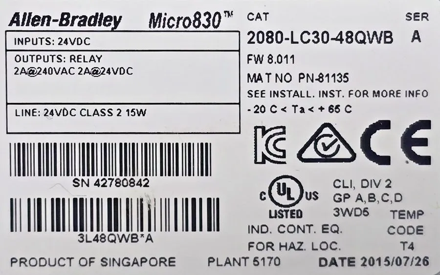 ПЛК ALLEN-BRADLEY 2080-LC30-48QWB Programmable Controller 24vdc