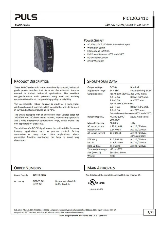 Блок питания PULS PIC120.241D Power Supply AC/DC Din Rail 24V 120W