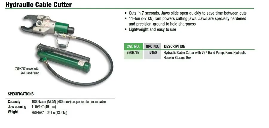 Кабель GREENLEE 750H767 HYDRAULIC CABLE CUTTER + HAND PUMP (746 RAM)