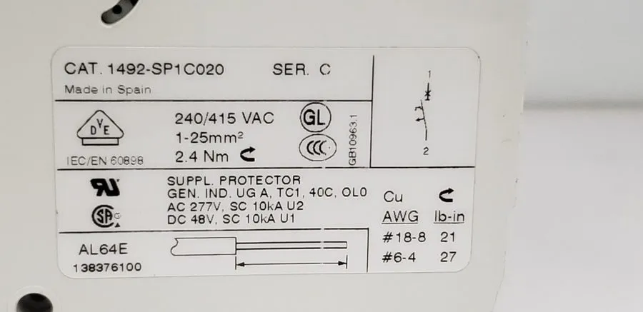 Автоматический выключатель ALLEN BRADLEY 1492-SP1C020 CIRCUIT BREAKER, 1 POLE 2