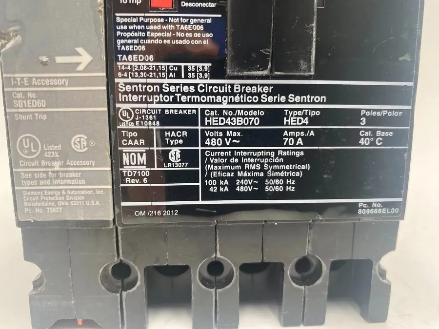 Автоматический выключатель Siemens HED43B070 Sentron Series Circuit Breaker 70A 