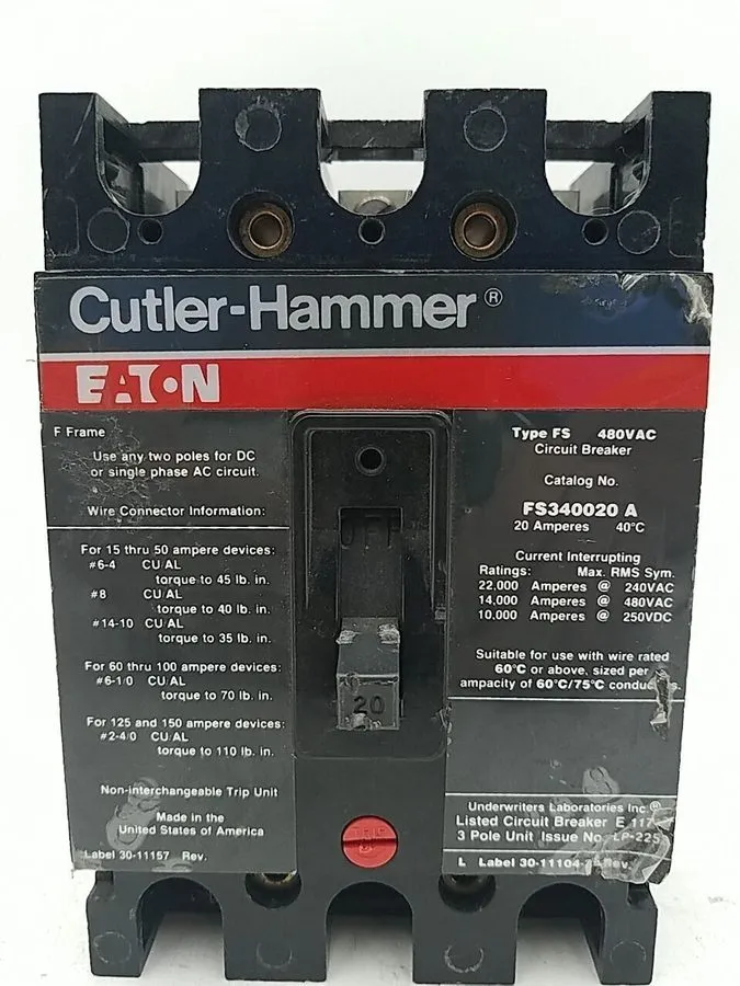 Автоматический выключатель Eaton Cutler Hammer FS340020A 20 Amp 3 Pole 480V FS C