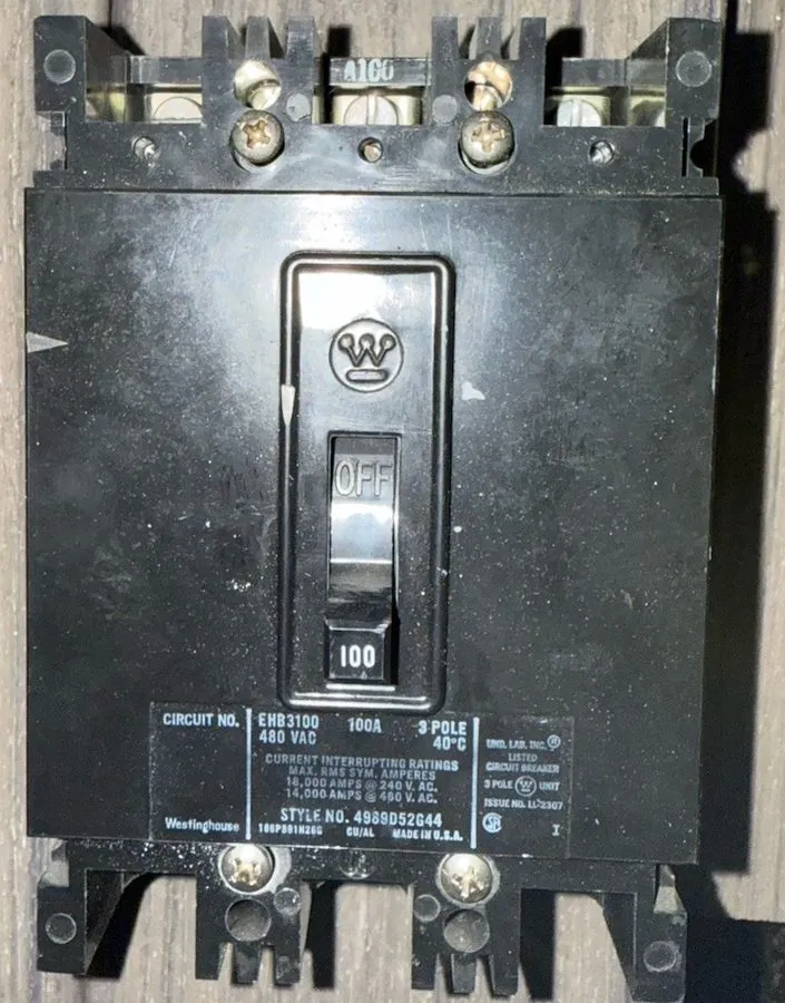 Автоматический выключатель Westinghouse EHB3100 Circuit Breaker 100A 3P 480V 3PH — фото лота 1