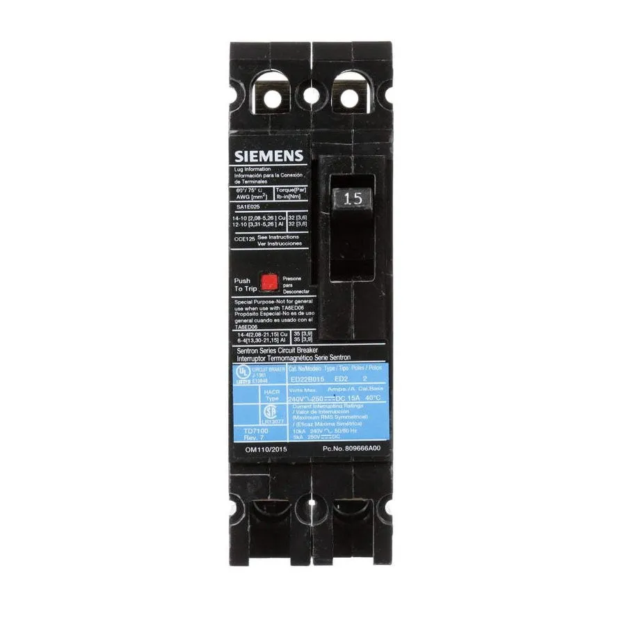 Автоматический выключатель Siemens ED22B015 Sentron Circuit Breaker, 2-Pole 15A,