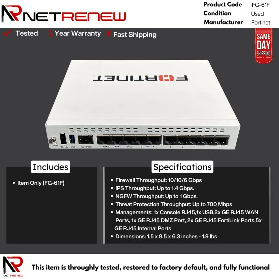 Межсетевой экран Fortinet FG-61F 5x GE RJ45 ports Next-Generation Firewall
