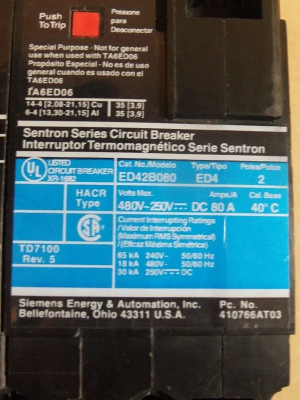 Автоматический выключатель Siemens ED42B080 80A Sentron 2 Pole Circuit Breaker E