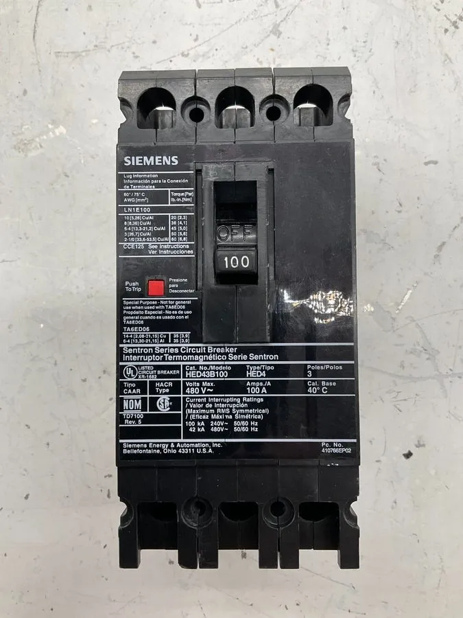 Автоматический выключатель Siemens Sentron Circuit Breaker HED43B100 3P 100 Amp 