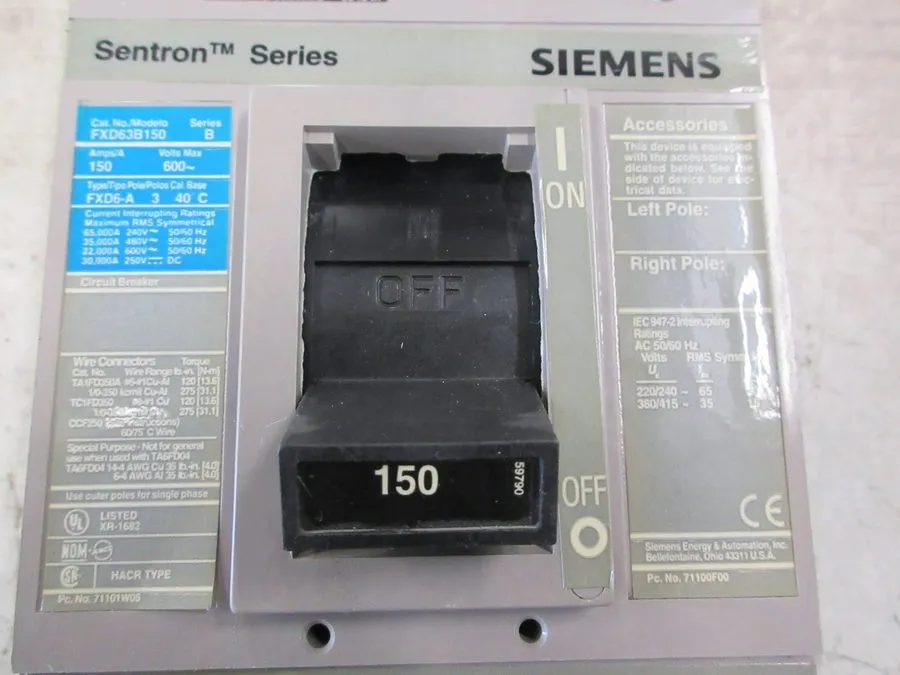Автоматический выключатель Sentron Series Siemens FXD63B150 150 Amp 600Vac 3 Pol