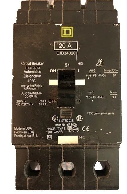 Автоматический выключатель SQUARE D EJB34020 3 pole 20 amp EJB Bolt on Circuit B