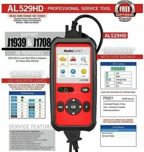 Диагностический сканер Autel AL529HD Auto Link Heavy Duty Truck Code er OBD2 Sca — фото лота 1