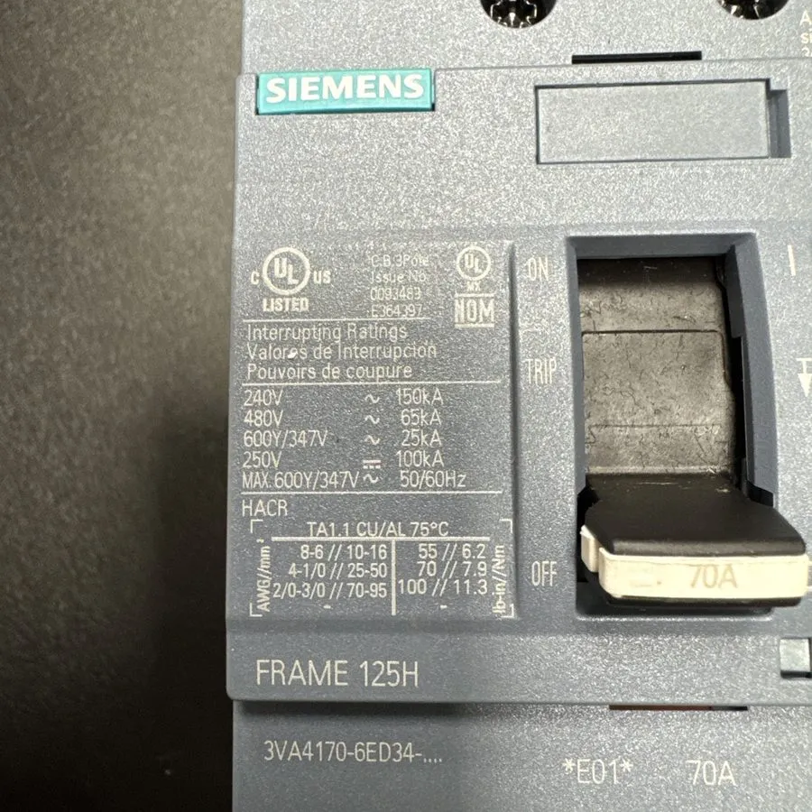 Автоматический выключатель 3VA4170-6ED34-0AA0 SIEMENS 3 POLE 70A 480V 65kA CIRCU