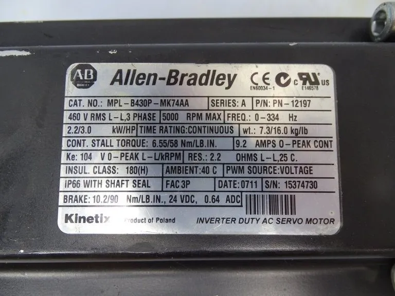 Серводвигатель Allen Bradley MPL-B430P-MK74AA Ser A Kinetix Servo Motor