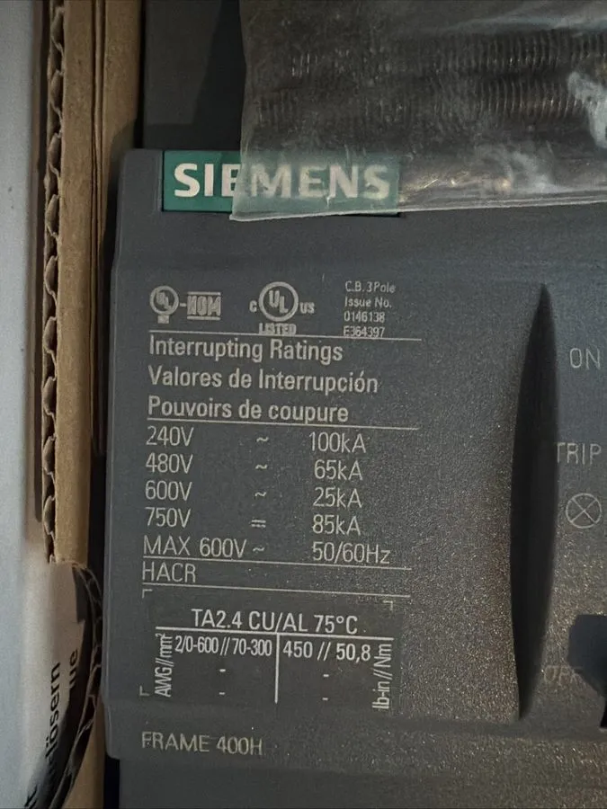 Автоматический выключатель Siemens 400 Amp Circuit Breaker 3P 600 VAC 3VA5340-6E — фото лота 1