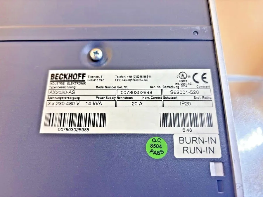 BECKHOFF AX2020-AS Digital Compact Servo Drives S62001-520, 3x 230-480V 14kVA