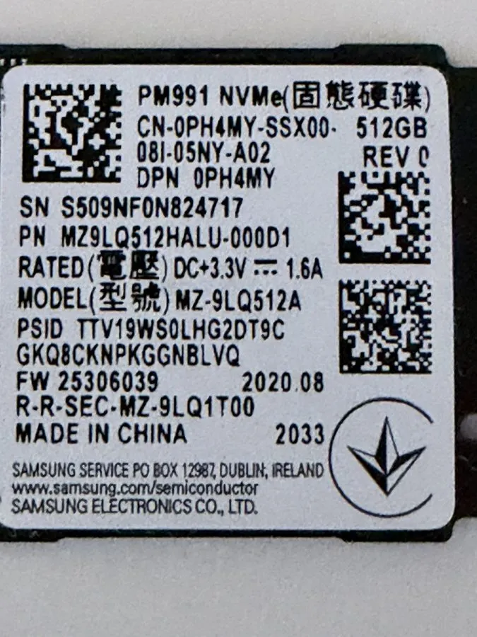 SSD-накопитель Samsung PM991 512GB NVMe SSD MZ9LQ512HALU-000D1 Dell 0PH4MY Solid — фото лота 1