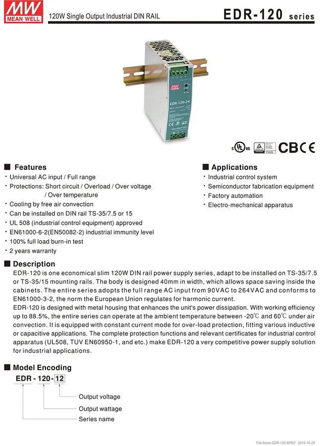 IIoT-устройство EDR-120-24 120W 24VDC 5Amp Industrial DIN Rail Power Supplies 24