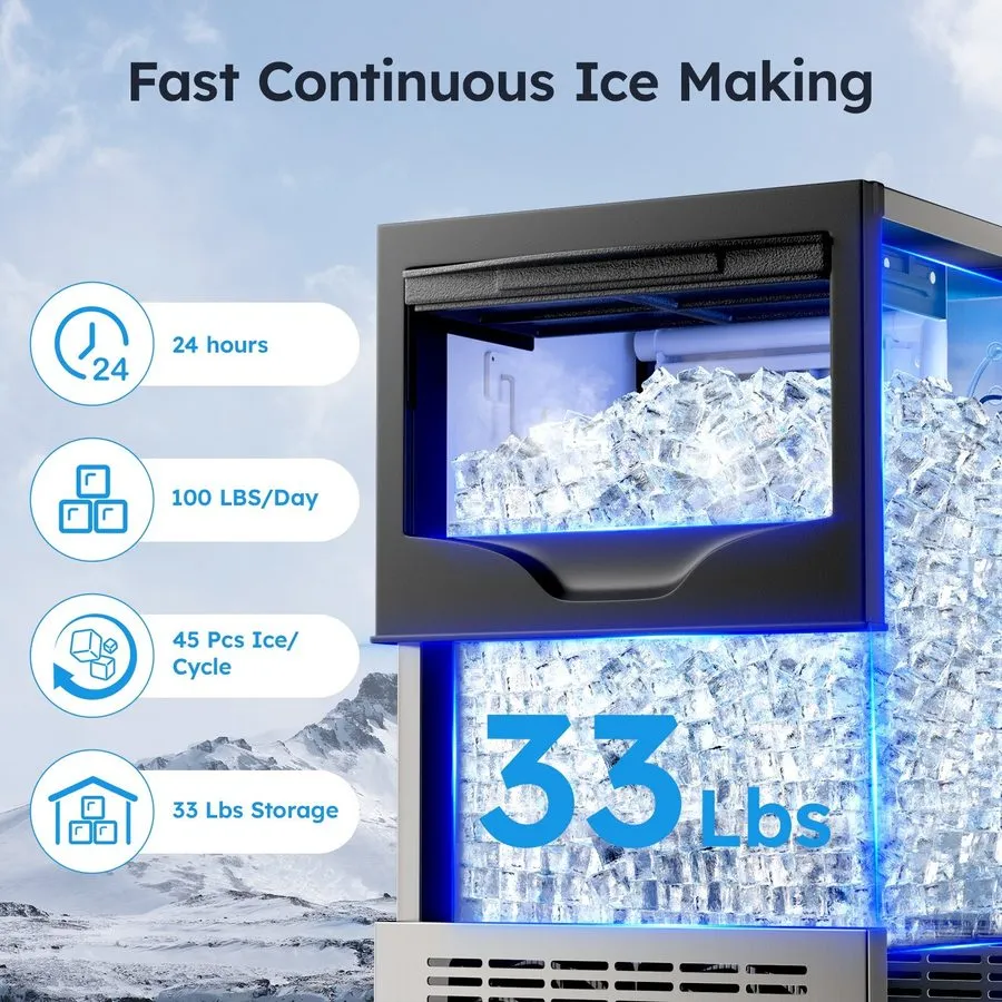 Льдогенератор Commercial Ice Machine, 100Lbs/Day, Stainless Steel Ice Maker with