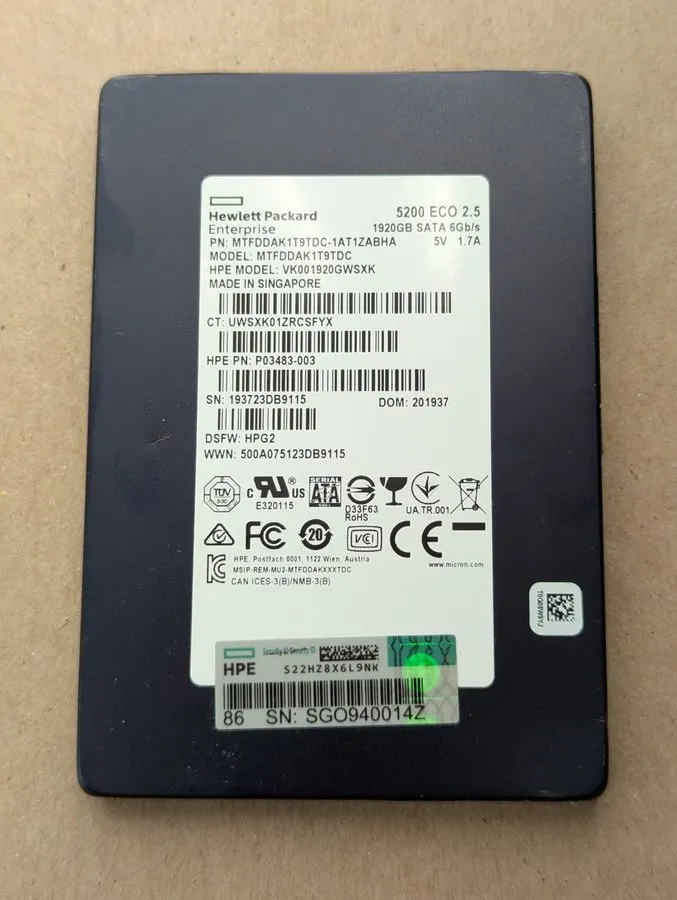 Сервер 1.92TB SSD Enterprise HPE Micron 5200 ECO 2.5 100% Life Remaining MTFDDAK