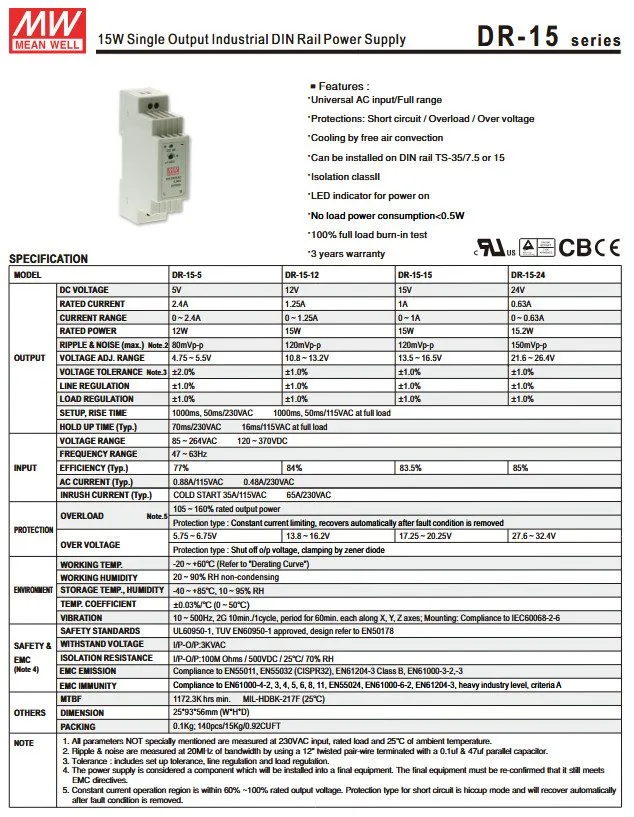 Блок питания Mean Well DR-15-24 DIN Rail Mounted AC/DC Switching Power Supply 24 — фото лота 1