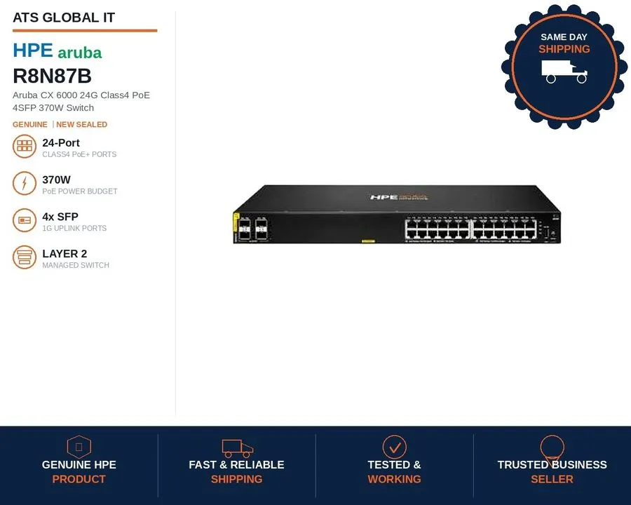 Коммутатор HPE R8N87B Aruba Networking CX 6000 24 Port Class4 PoE 4p SFP 1G 370W