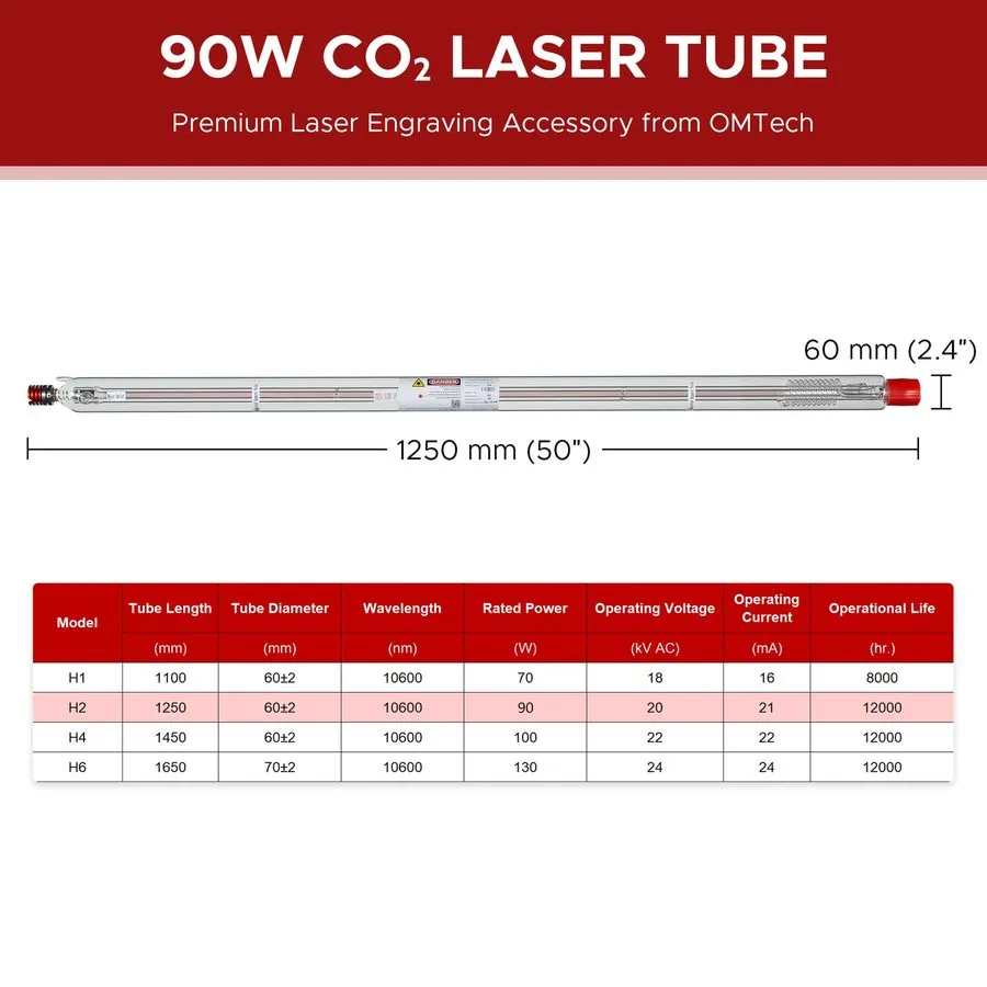 Оборудование ЧПУ OMTech 90W CO2 Laser Tube 12000h YONGLI H2 Cutting Engraving — фото лота 1