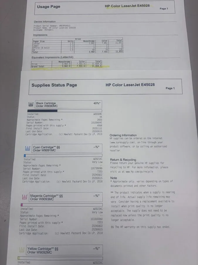 Лазерный принтер HP Color LaserJet Managed E45028 laser printer 432 Page count T — фото лота 2