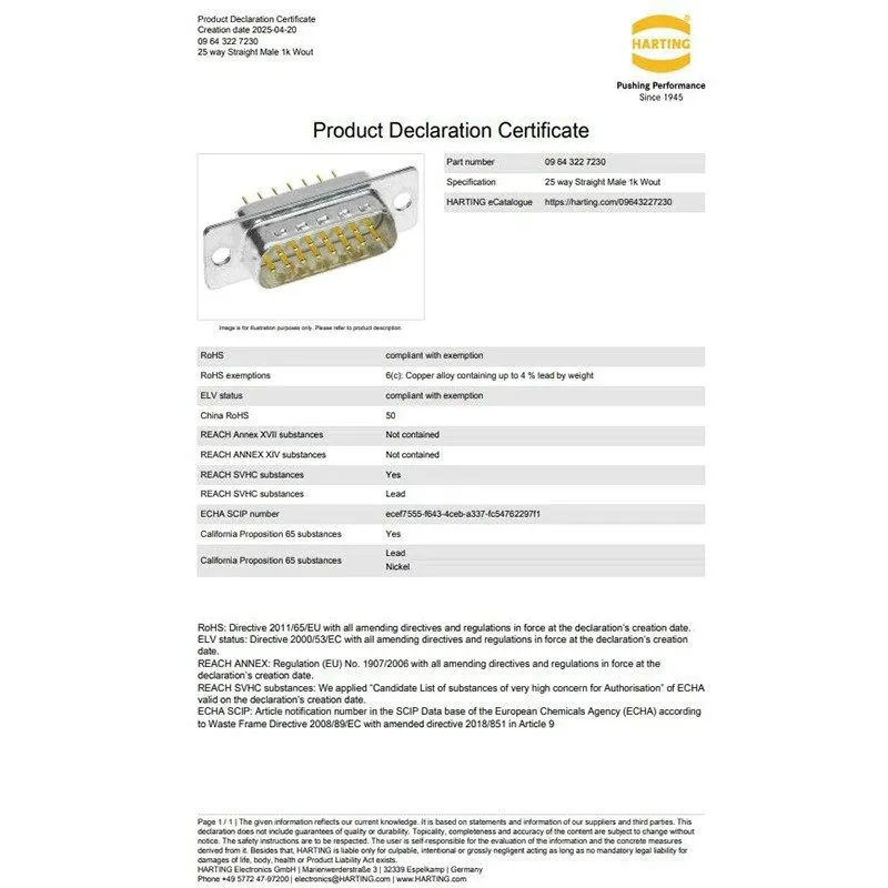 Разъём HARTING Male Connector 09643227230 25-pin