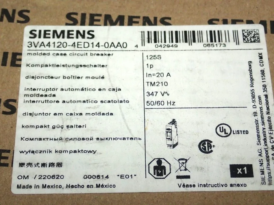 Автоматический выключатель Siemens 3VA4120-4ED14-0AA0 1 pole 20 amp 25kA@277v Bo