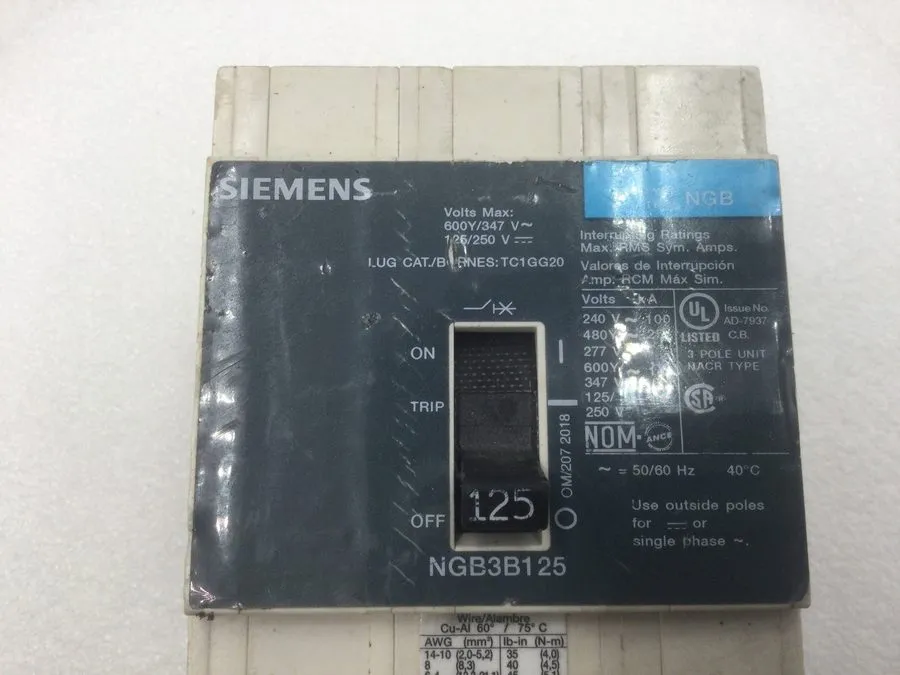 Автоматический выключатель TAKEOUT NTO Siemens NGB3B125 3pole 125amp 480V circui