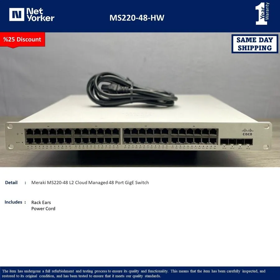 Коммутатор CISCO MERAKI MS220-48-HW 48Port Gigabit Cloud Managed Switch UNCLAIME
