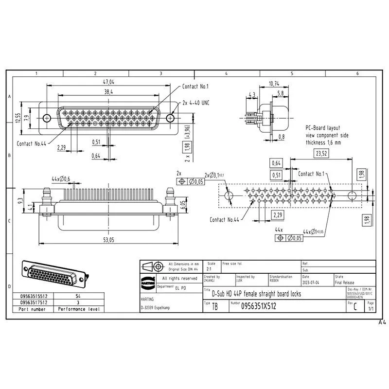 Разъём HARTING 09563517512 44-pin Female Connector