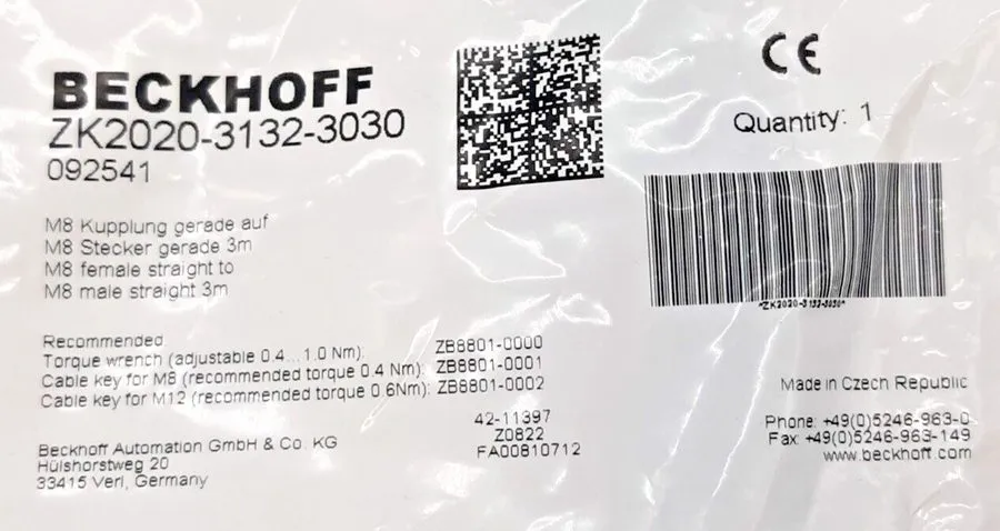 Кабель Beckhoff M8 Straight Sensor Cable Cordset 3m ZK2020-3132-3030