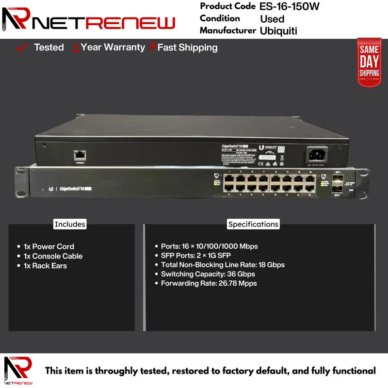 Коммутатор Ubiquiti EdgeSwitch 16 150W ES-16-150W 16-Port PoE+ Network Switch