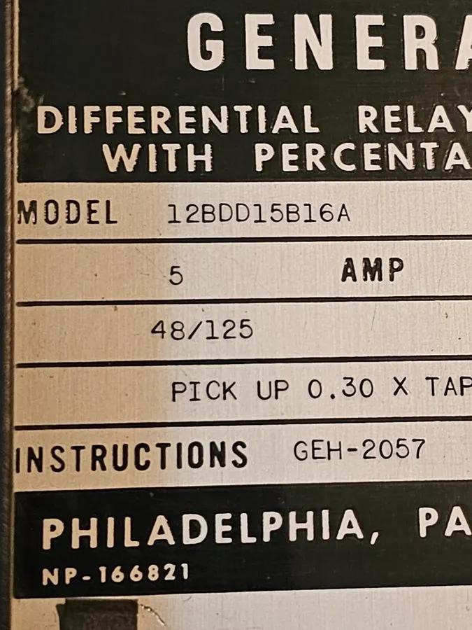 Реле защиты Ge 12BDD15B16A Type Bdd Transformer Protection Differential Relay 48 — фото лота 2